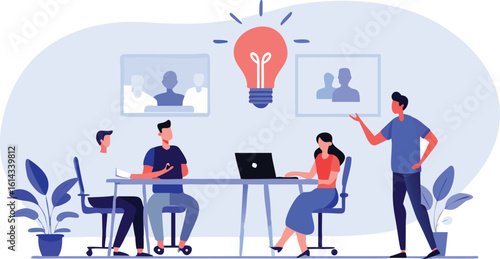 Illustration of a group of people in a meeting with a lightbulb representing a new idea and collaboration
