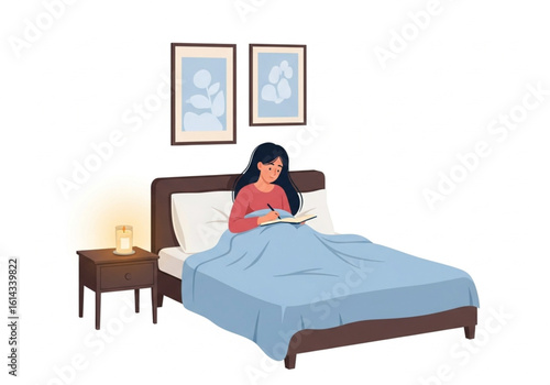Flat vector illustration of a bedroom scene with candle and person writing in a diary

