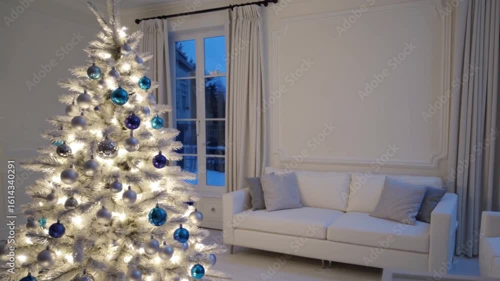 Elegant white christmas tree decorated with blue and silver balls in the white Scandinavian interior 