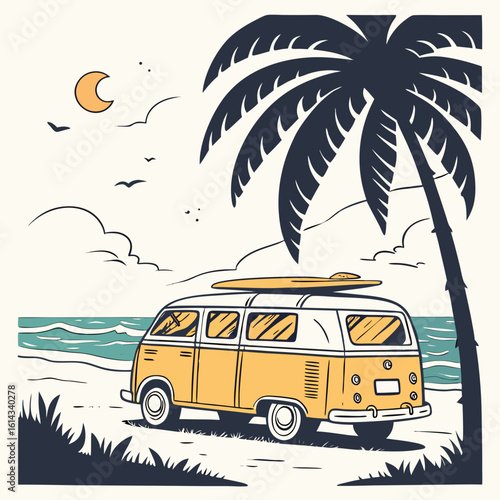 Retro van with surfboard parked on a beach under a palm tree