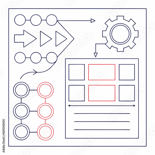 Business process flow chart with gear and data table elements