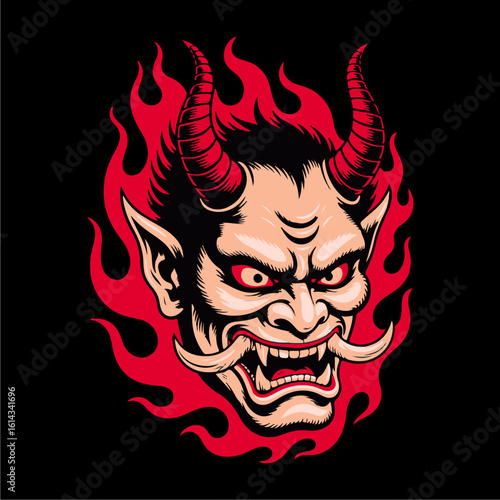 A demonic face with horns and a fiery background, showcasing an angry expression.