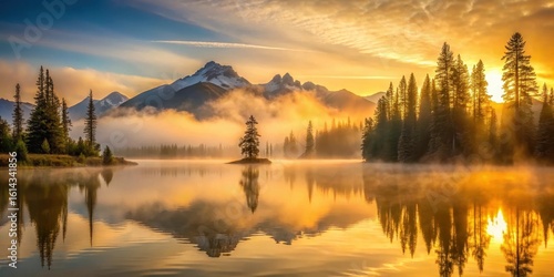 Golden Sunrise Over a Misty Mountain Lake, Reflecting Peaks and Silhouetted Trees on a Calm Water Surface