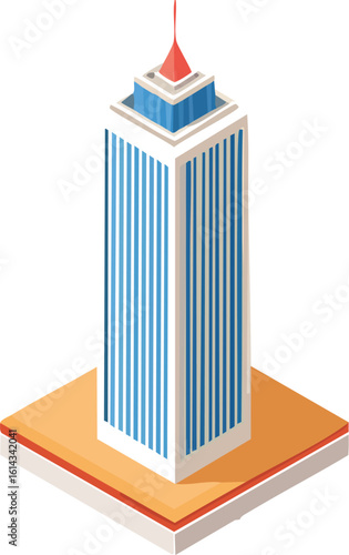 Isometric vector of a tall office skyscraper with blue glass windows and a red rooftop antenna on white background