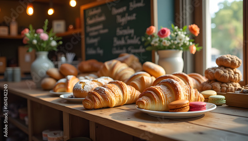 Breakfast with croissants and coffee. AI Generated