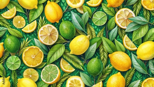 Vibrant Citrus Fruit and Lush Tropical Foliage Seamless Pattern Design Featuring Lemons and Limes