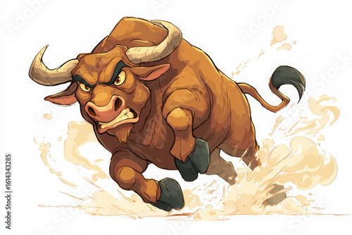 A solo cartoon bull caught mid-buck with flared nostrils and steam, full of energy and motion, perfect for rodeo-themed graphics.