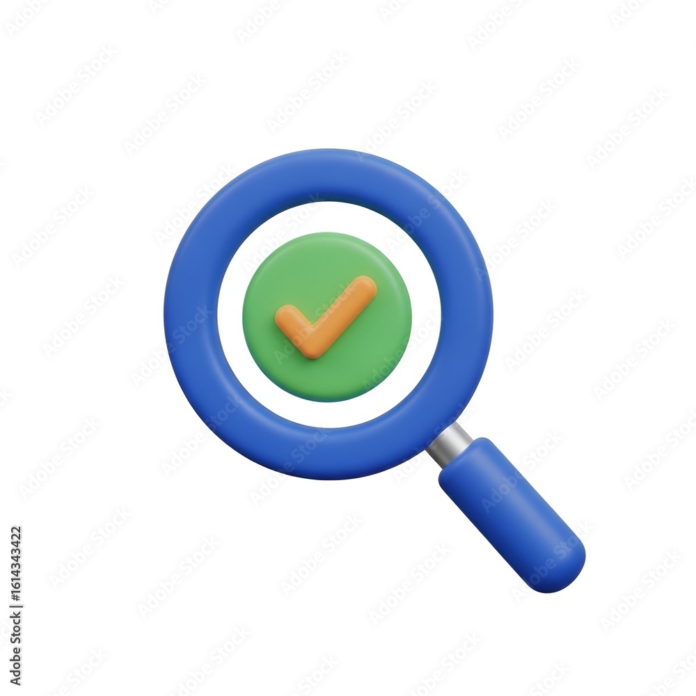 Blue magnifying glass with green circle and orange check mark search find Blue magnifying glass with green circle and orange check mark search find