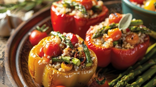 A vibrant assortment of stuffed peppers featuring a colorful combination of grilled asparagus millet and cherry tomatoes.