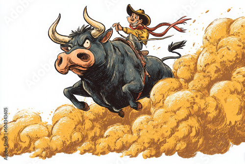 Cartoon-style rodeo bull with wild expression and flaring nostrils as a cowboy clings on mid-buck, full of energy and fun on white.