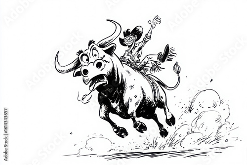 Cartoon-style rodeo bull with wild expression and flaring nostrils as a cowboy clings on mid-buck, full of energy and fun on white.