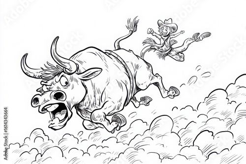 Cartoon-style rodeo bull with wild expression and flaring nostrils as a cowboy clings on mid-buck, full of energy and fun on white.