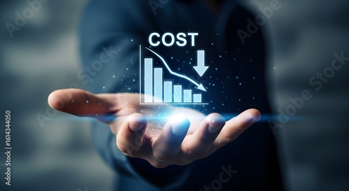 Hand holding digital graph showing cost reduction and downward trend chart