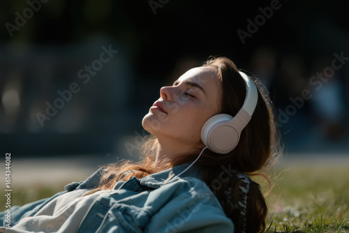relaxed teenager wearing headphones eyes closed enjoying music deeply connected to nature