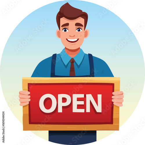 Happy small business owner holding an open sign, cartoon vector representing shop opening, entrepreneurship, and service.