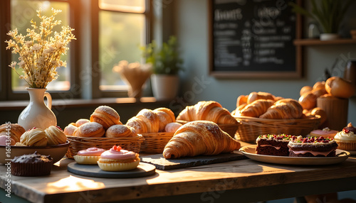 A variety of pastries are arranged on a wooden table. AI Generated