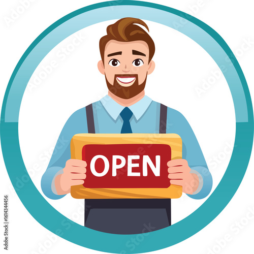 Smiling man holding an open sign, ready for business