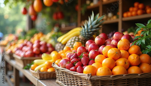 A close-up view of a variety of fruit in wicker baskets. AI Generated