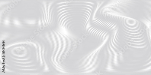 Abstract metallic wavy lines background. Shiny metallic striped surface. Abstract futuristic silver white architectural background. Modern design with wavy pattern.
