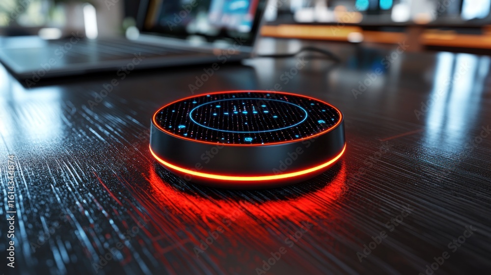 Obraz premium Circular device with glowing red base on dark, textured wooden surface