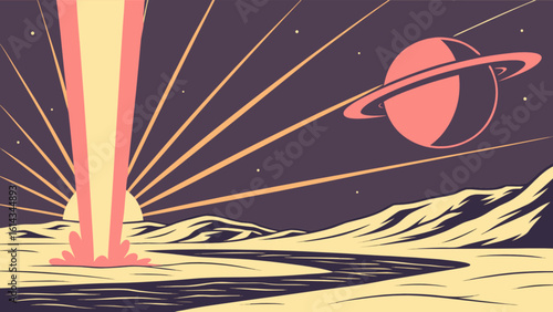 Retro space landscape with planet saturn sunrise and mountains vector graphic illustration design artwork