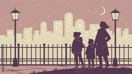 Family night walk silhouette vector illustration with city skyline and moon for graphic design use