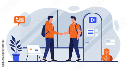 Professional Agreement: Colleagues Meeting at Office Entrance