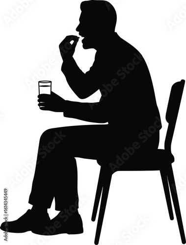 Man Taking Medicine Silhouette – Sitting Male with Pill and Water Glass Vector Illustration on Transparent Background.