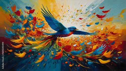  Soaring Avian Essence: A stylized painting captures a vibrant bird in mid-flight, bursting with colorful, expressive brushstrokes. It is an ode to freedom and movement.