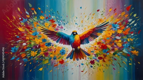 Artistic Parrot in Flight: A vibrant, stylized parrot in full flight is a riot of colors, its wings and the air around it bursting with floral elements.