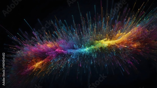 Explosive Harmony: A mesmerizing explosion of vibrant, multicolored particles bursts forth against a stark, dark canvas, creating a dynamic visual spectacle. 