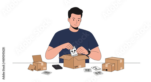 Man Packing Electronics for Online Orders