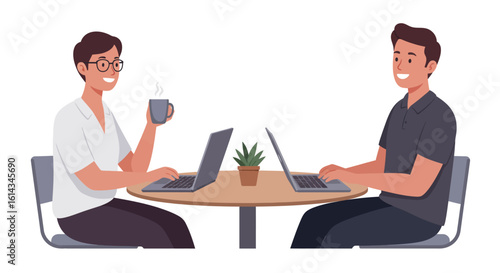 Remote Work: Coworkers Using Laptops in Cafe