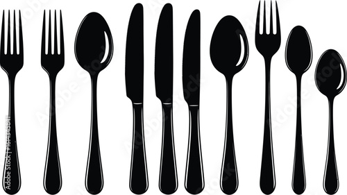 Black and white image of forks spoons and knives in a row on white background
