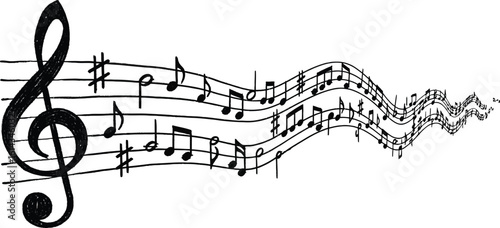 Wavy musical staff with treble clef and notes flows dynamically