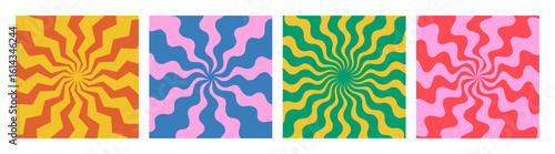 Psychedelic Swirl Retro Backgrounds. Vector Groovy Spiral Burst. Abstract Radial Sun Rays with Waves.