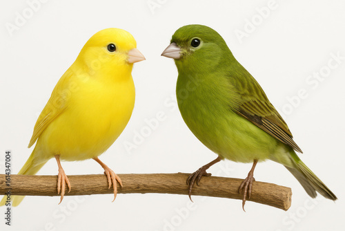 Yellow and green color Domestic Canary birds are sitting on a wooden branch on a white background, isolated close-up