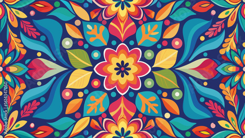 Vibrant floral mandala pattern design featuring symmetrical leaves and bright colors on a blue background