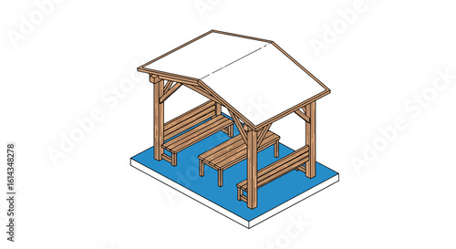 Wooden gazebo with benches and roof structure