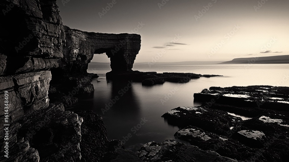 Fototapeta premium Dramatic monochrome view of a rocky arch over calm water.