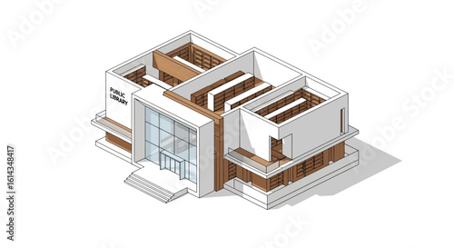 Public library building isometric view modern architecture