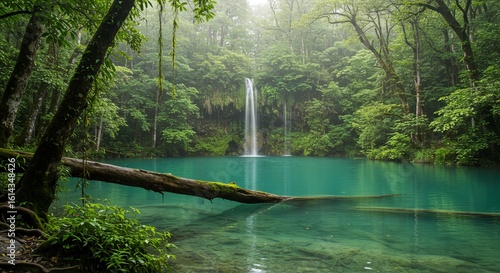Um lago com água verde, cum cascata ao fundo , cercado de densa floresta úmida tropical.