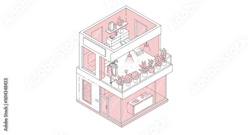 Modern shop interior isometric view with plants and decor