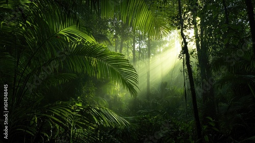 Fototapeta Naklejka Na Ścianę i Meble -  Lush tropical forest scene with sunlight filtering through foliage.