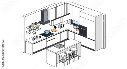 Modern kitchen layout with island and appliances
