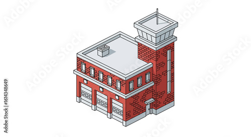 Fire station building isometric view red brick tower