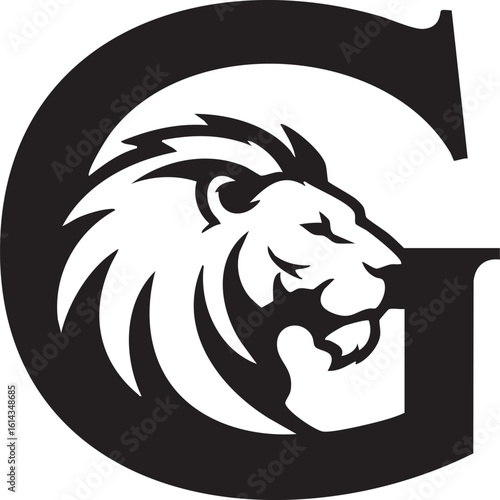 Bold black letter g with fierce lion head emblem design