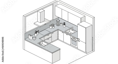 Modern kitchen layout plan in isometric view