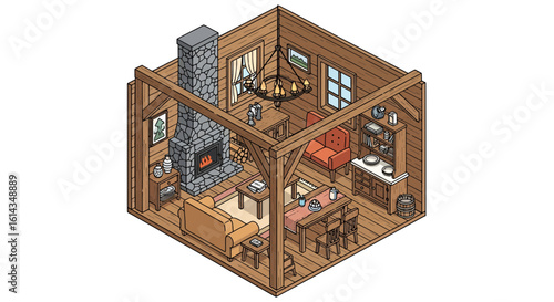 Cozy log cabin interior with fireplace and dining area