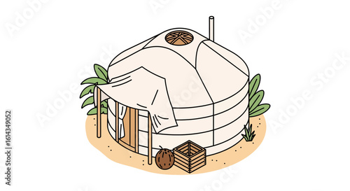 Mongolian yurt dwelling with plants and coconut